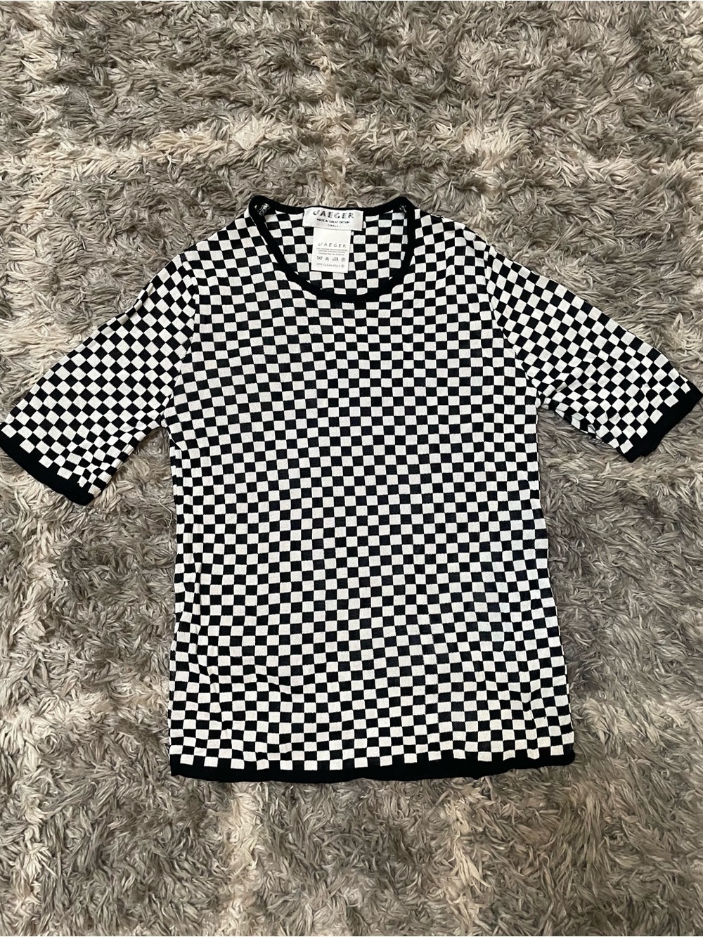 Jaeger Made in Great Britain Black and White Checkered Viscose Short Sleeve Knit